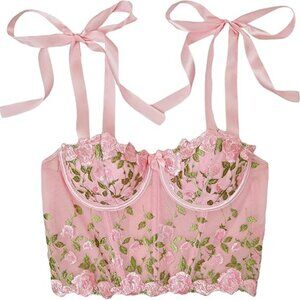 WDIRARA Pink Mesh Sheer Floral Bustier Top – Y2K Sexy Embroidered Cami (Small)
